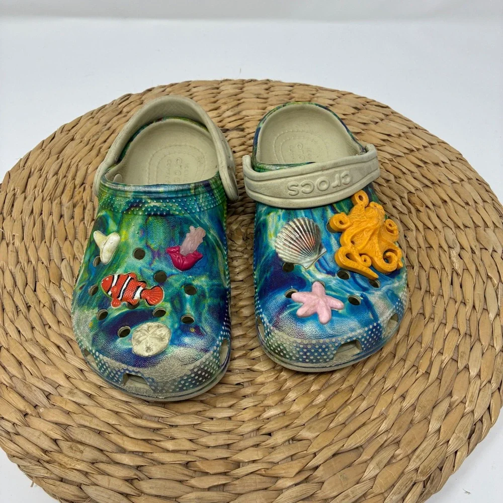 Crocs Kids Size C10 Ocean Sea Life Tie Dye Clogs Slip On Water Shoes Jibbitz